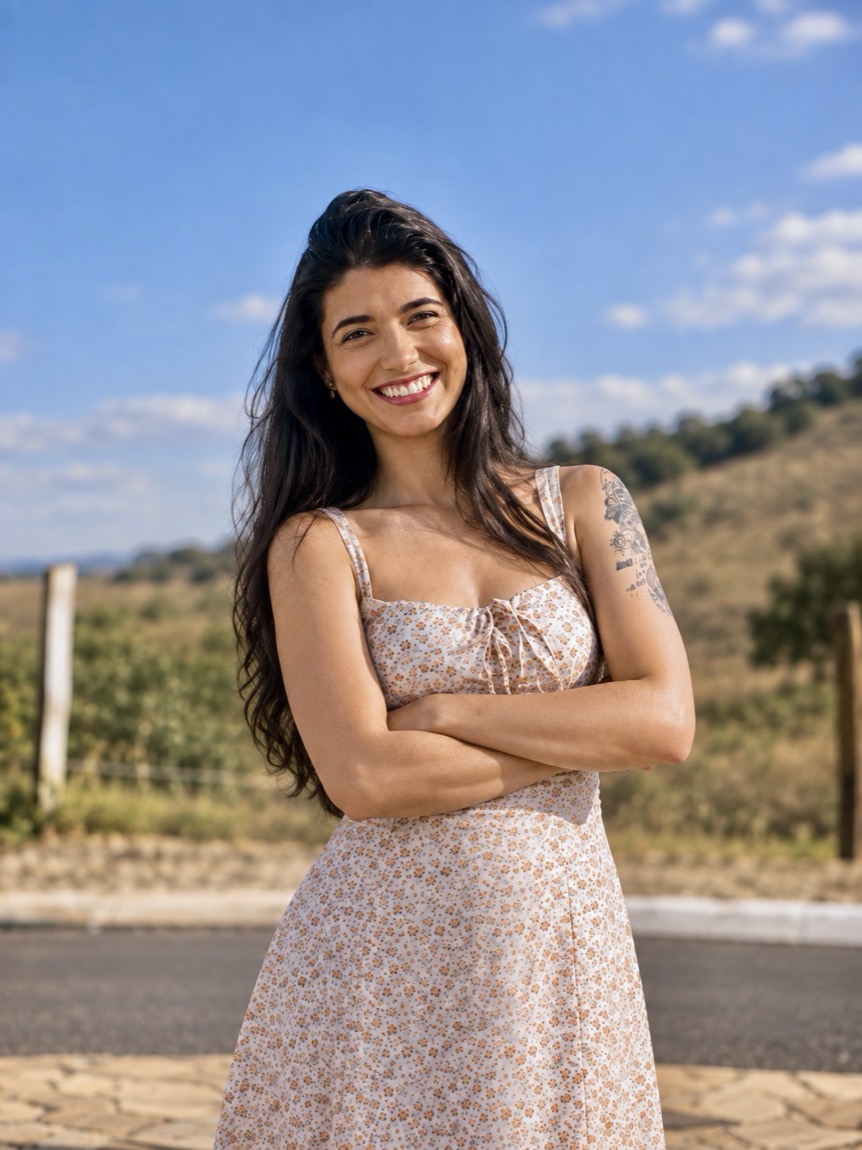 Thamires Castro, psicóloga, sorrindo ao ar livre